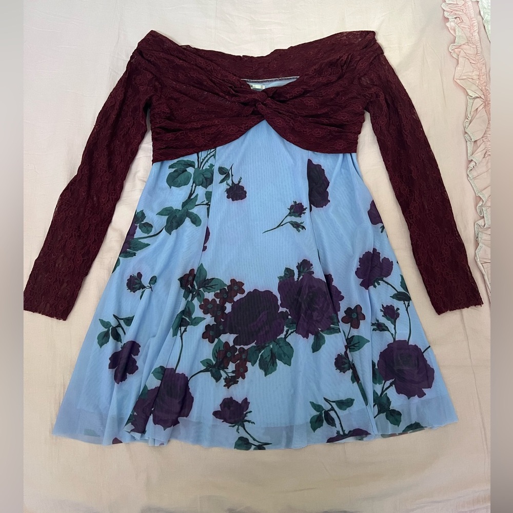 COPY - Urban Outfitters Kimchi Blue Sydney Lace & Blue Maroon Floral Dress